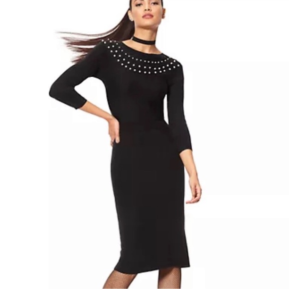 Black Cable Knit Sweater Dress with Pearl Details - Picture 2 of 8